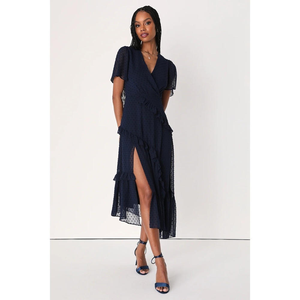NWT Lulus Next To You Swiss Dot Ruffle Surplice Slit V-Neck Midi Dress Navy XS